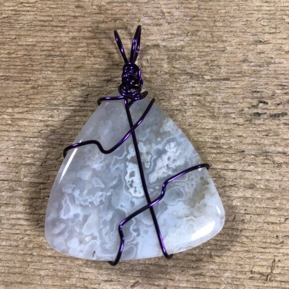 Wire Wrapped Banded Chalcedony Necklace Pendant - Picture 4 of 5